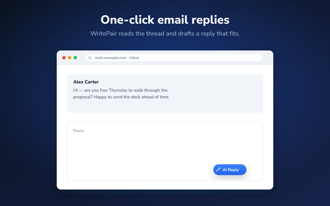 An AI Reply button on a webmail compose box, ready to draft a reply to the thread above it.