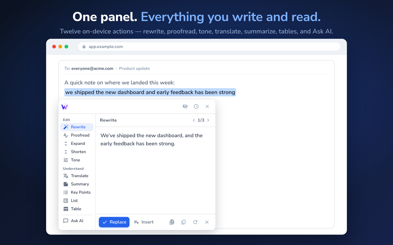 WritePair's vertical command panel: an action rail grouped into Edit and Understand, beside a result pane showing draft 1 of 3.
